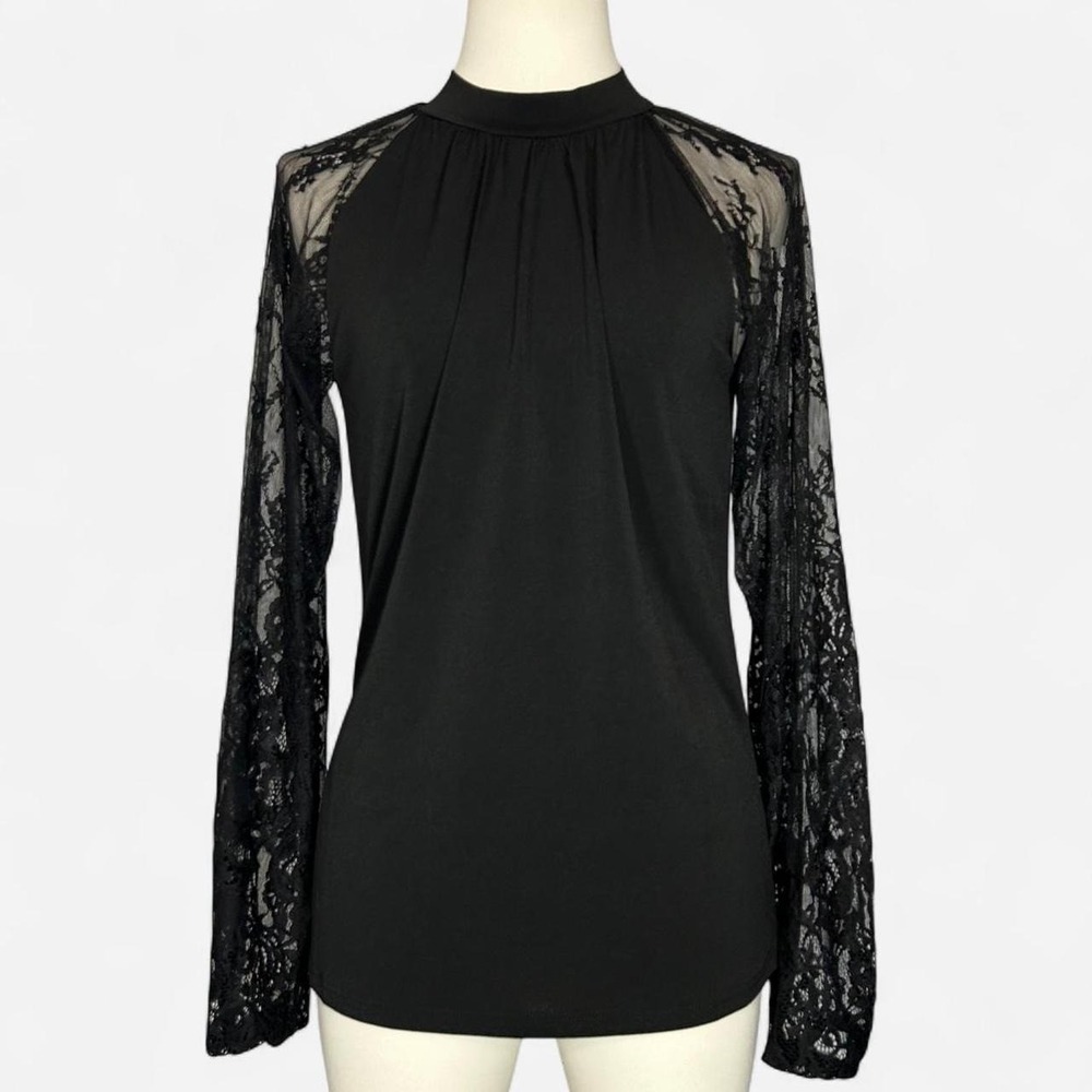 Y2K Sheer Floral Lace Long Sleeve Mock Neck Blouse Top Womens Small Goth Alt